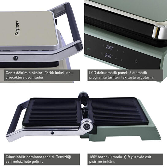Berghoff Gem Retro Dijital Izgara & Tost Makinesi – 2000 W, 290×212 mm, LCD Dokunmatik Kontrol | Vanilya Krem