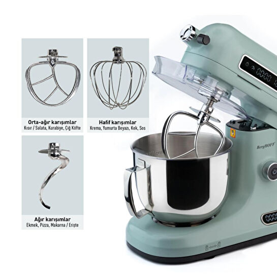 Berghoff Gem Retro 5 L Stand Mikser – 1600 W, Dayanıklı Döküm Alüminyum Gövde | Mint Yeşil