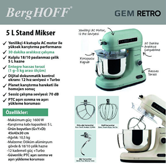 Berghoff Gem Retro 5 L Stand Mikser – 1600 W, Dayanıklı Döküm Alüminyum Gövde | Mint Yeşil