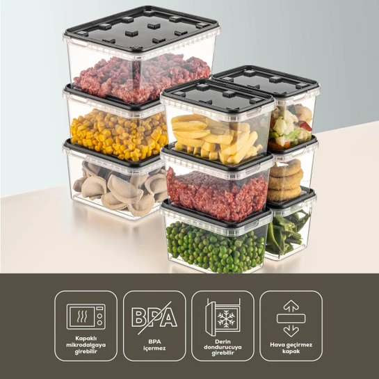 Vienev 9'lu Block Buzdolabı Ve Derin Dondurucu Sızdırmaz Saklama Kabı Şeffaf Antrasit 3x(1,5 Lt)-6x(0,7 Lt)