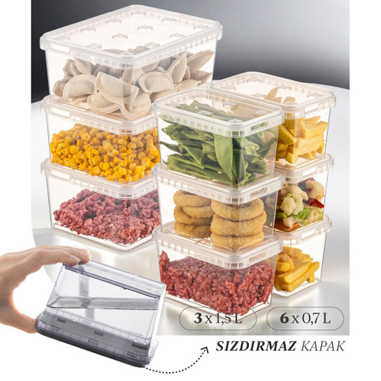 Vienev 9'lu Block Buzdolabı Ve Derin Dondurucu Sızdırmaz Saklama Kabı Şeffaf 3x(1,5 Lt)-6x(0,7 Lt)