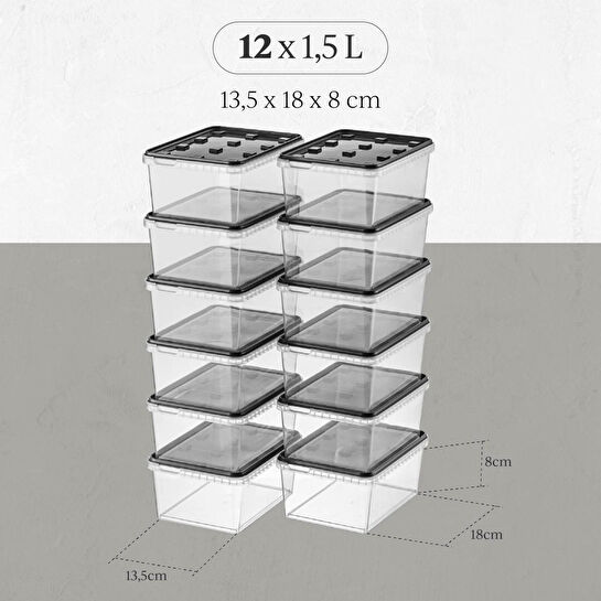 Vienev 12'li 1,5 Litre Block Buzdolabı Ve Derin Dondurucu Sızdırmaz Saklama Kabı Şeffaf Antrasit