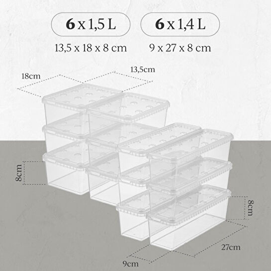 Vienev 12'li Block Buzdolabı Ve Derin Dondurucu Sızdırmaz Saklama Kabı Şeffaf 6x(1,5-1,4 Lt)