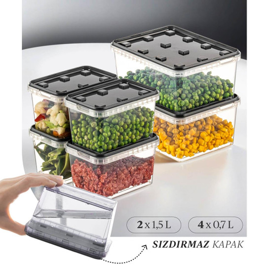 Vienev 6'lı Block Buzdolabı Ve Derin Dondurucu Sızdırmaz Saklama Kabı Şeffaf Antrasit 2x(1,5 Lt)-4x(0,7 Lt)