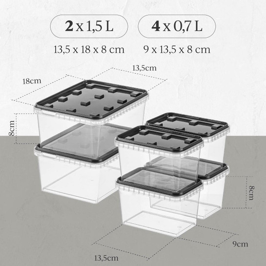 Vienev 6'lı Block Buzdolabı Ve Derin Dondurucu Sızdırmaz Saklama Kabı Şeffaf Antrasit 2x(1,5 Lt)-4x(0,7 Lt)