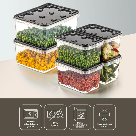 Vienev 6'lı Block Buzdolabı Ve Derin Dondurucu Sızdırmaz Saklama Kabı Şeffaf Antrasit 2x(1,5 Lt)-4x(0,7 Lt)