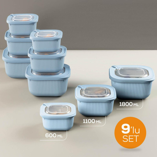 Vienev 9'lu 3x(600-1100-1800 Ml) Mikrodalga Ve Difrize Uygun Vip Kapaklı Özel Saklama Kabı Seti Mavi
