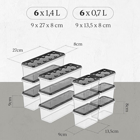 Vienev 12'li Block Buzdolabı Ve Derin Dondurucu Sızdırmaz Saklama Kabı Şeffaf Antrasit 6x(1,4-0,7 Lt)