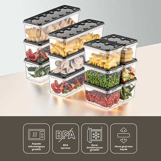 Vienev 12'li Block Buzdolabı Ve Derin Dondurucu Sızdırmaz Saklama Kabı Şeffaf Antrasit 6x(1,4-0,7 Lt)