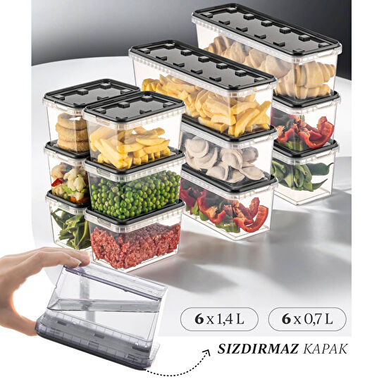 Vienev 12'li Block Buzdolabı Ve Derin Dondurucu Sızdırmaz Saklama Kabı Şeffaf Antrasit 6x(1,4-0,7 Lt)