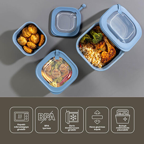 Vienev 6'lı 2x(600-1100-1800 Ml) Mikrodalga Ve Difrize Uygun Vip Kapaklı Özel Saklama Kabı Seti Mavi