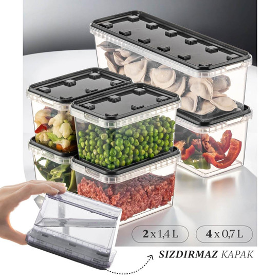 Vienev 6'lı Block Buzdolabı Ve Derin Dondurucu Sızdırmaz Saklama Kabı Şeffaf Antrasit 2x(1,4 Lt)-4x(0,7 Lt)