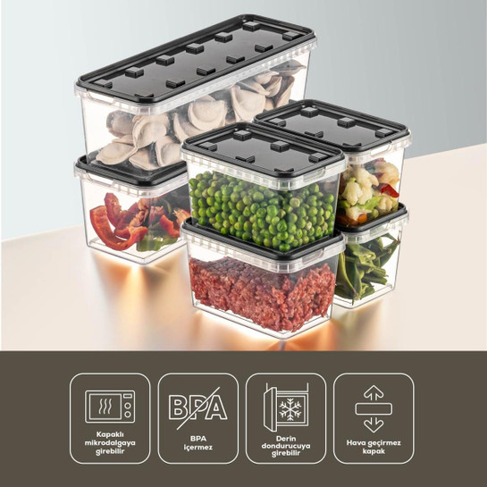 Vienev 6'lı Block Buzdolabı Ve Derin Dondurucu Sızdırmaz Saklama Kabı Şeffaf Antrasit 2x(1,4 Lt)-4x(0,7 Lt)