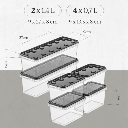 Vienev 6'lı Block Buzdolabı Ve Derin Dondurucu Sızdırmaz Saklama Kabı Şeffaf Antrasit 2x(1,4 Lt)-4x(0,7 Lt)