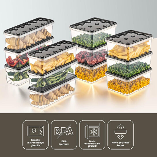 Vienev 12'li Block Buzdolabı Ve Derin Dondurucu Sızdırmaz Saklama Kabı Şeffaf Antrasit 6x(1,5-1,4 Lt)