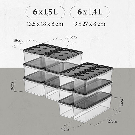 Vienev 12'li Block Buzdolabı Ve Derin Dondurucu Sızdırmaz Saklama Kabı Şeffaf Antrasit 6x(1,5-1,4 Lt)