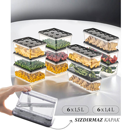 Vienev 12'li Block Buzdolabı Ve Derin Dondurucu Sızdırmaz Saklama Kabı Şeffaf Antrasit 6x(1,5-1,4 Lt)