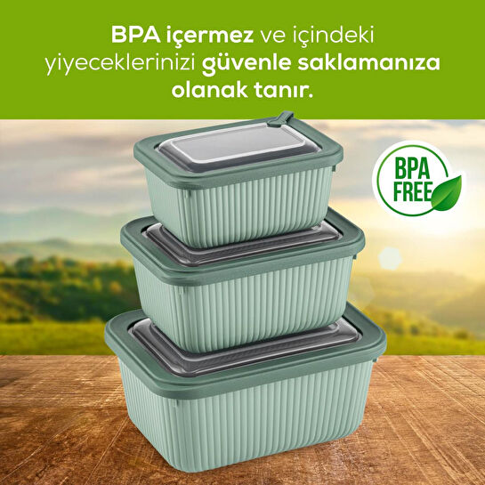 Vienev 9'lu Vip Dikdörtgen Mikrodalga Ve Difrize Uygun Saklama Kabı Seti Yeşil 3x(1750,1050,600 Ml)