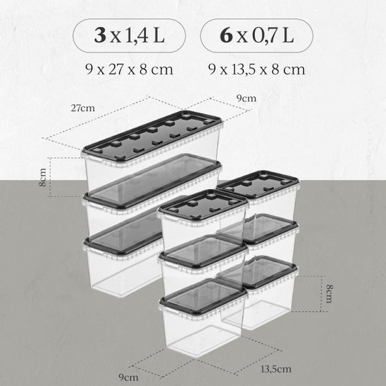 Vienev 9'lu Block Buzdolabı Ve Derin Dondurucu Sızdırmaz Saklama Kabı Şeffaf Antrasit 3x(1,4 Lt)-6x(0,7 Lt)