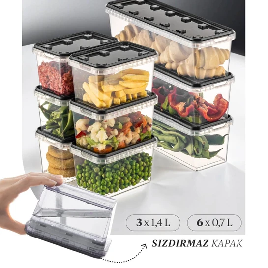 Vienev 9'lu Block Buzdolabı Ve Derin Dondurucu Sızdırmaz Saklama Kabı Şeffaf Antrasit 3x(1,4 Lt)-6x(0,7 Lt)