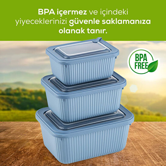 Vienev 3'lü Vip Dikdörtgen Mikrodalga Ve Difrize Uygun Saklama Kabı Seti Mavi 1x(1750,1050,600 Ml)