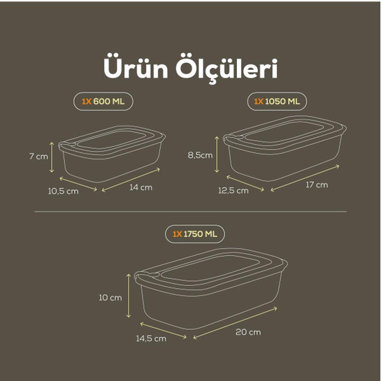 Vienev 3'lü Vip Dikdörtgen Mikrodalga Ve Difrize Uygun Saklama Kabı Seti Mavi 1x(1750,1050,600 Ml)