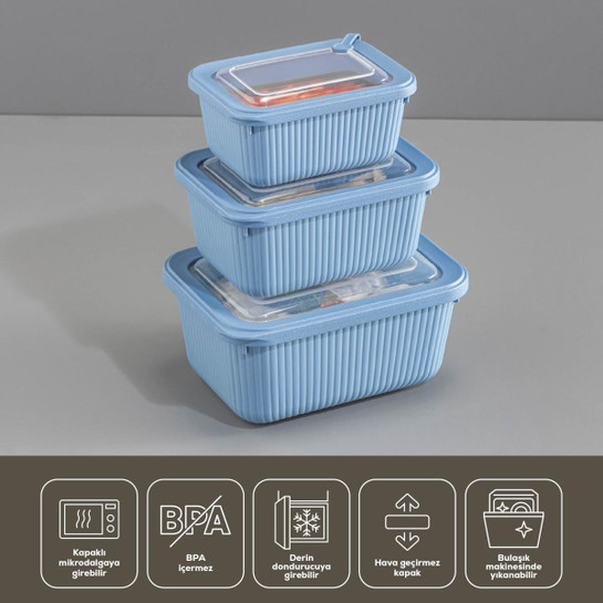 Vienev 3'lü Vip Dikdörtgen Mikrodalga Ve Difrize Uygun Saklama Kabı Seti Mavi 1x(1750,1050,600 Ml)