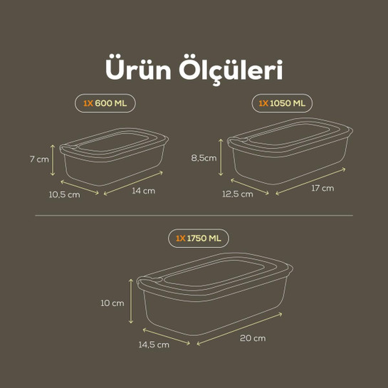 Vienev 3'lü Vip Dikdörtgen Mikrodalga Ve Difrize Uygun Saklama Kabı Seti Gri 1x(1750,1050,600 Ml)