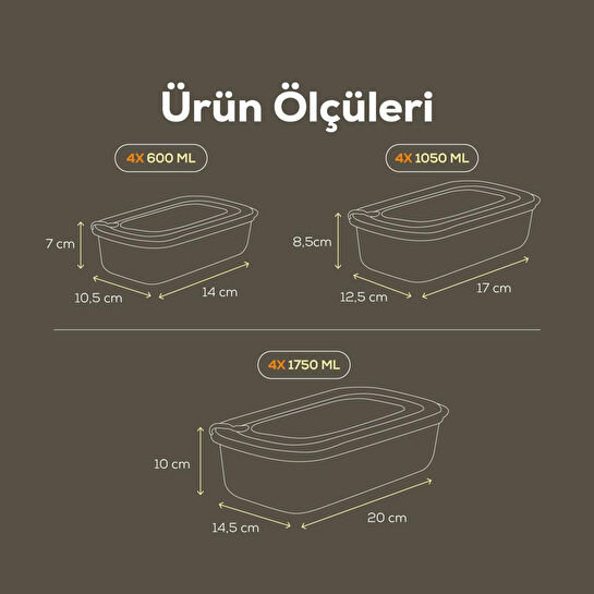 Vienev 12'li Vip Dikdörtgen Mikrodalga Ve Difrize Uygun Saklama Kabı Seti Mavi 4x(1750,1050,600 Ml)