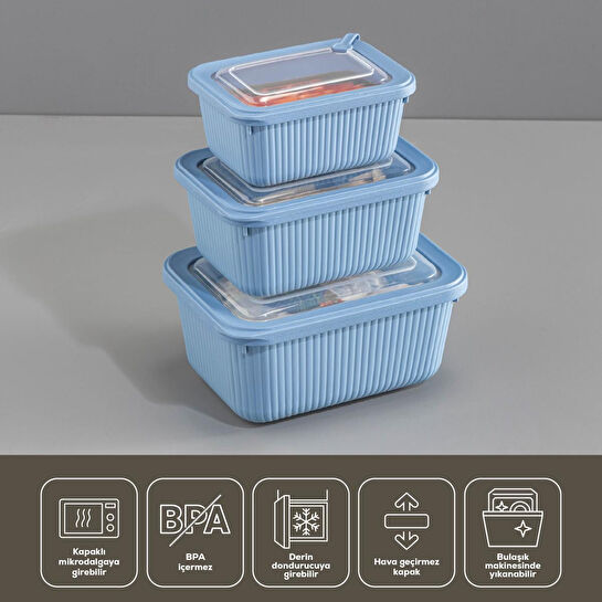 Vienev 12'li Vip Dikdörtgen Mikrodalga Ve Difrize Uygun Saklama Kabı Seti Mavi 4x(1750,1050,600 Ml)