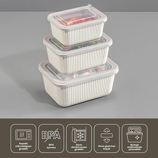 Vienev 9'lu Vip Dikdörtgen Mikrodalga Ve Difrize Uygun Saklama Kabı Seti Bej 3x(1750,1050,600 Ml)