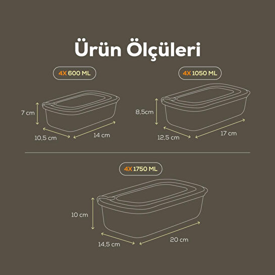 Vienev 12'li Vip Dikdörtgen Mikrodalga Ve Difrize Uygun Saklama Kabı Seti Gri 4x(1750,1050,600 Ml)