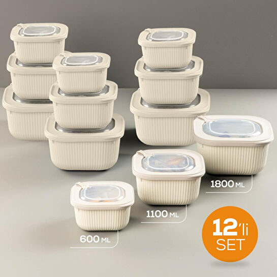 Vienev 12'li 4x(600-1100-1800 Ml) Mikrodalga Ve Difrize Uygun Vip Kapaklı Özel Saklama Kabı Seti Bej