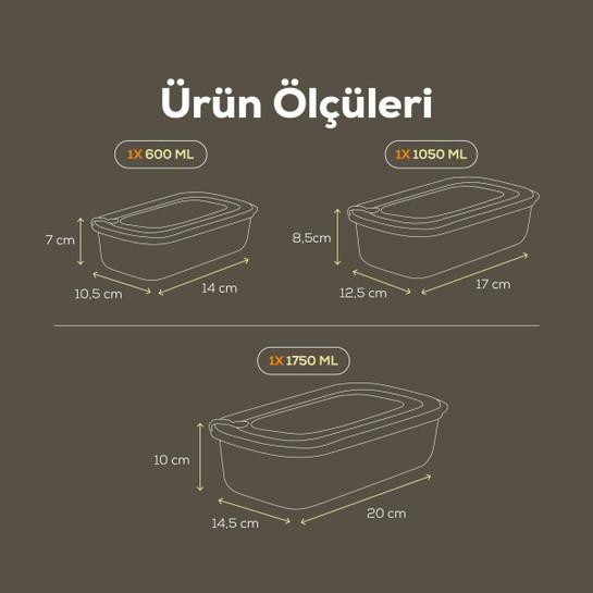 Vienev 3'lü Vip Dikdörtgen Mikrodalga Ve Difrize Uygun Saklama Kabı Seti Yeşil 1x(1750,1050,600 Ml)