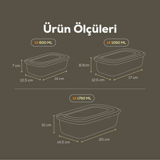 Vienev 3'lü Vip Dikdörtgen Mikrodalga Ve Difrize Uygun Saklama Kabı Seti Bej 1x(1750,1050,600 Ml)