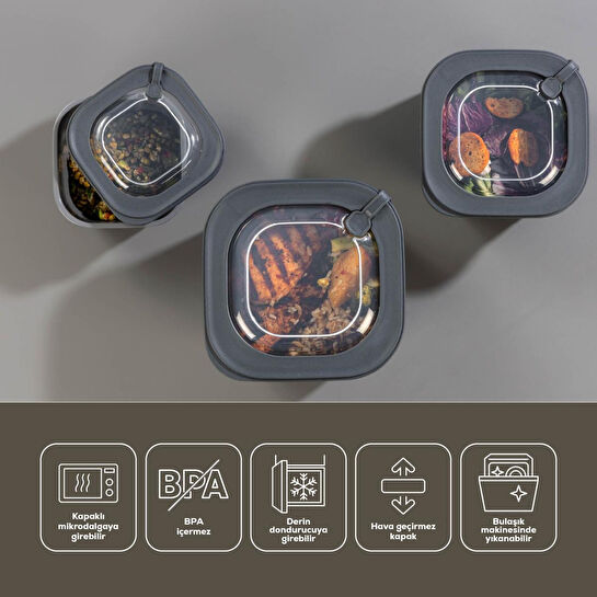 Vienev 12'li 4x(600-1100-1800 Ml) Mikrodalga Ve Difrize Uygun Vip Kapaklı Özel Saklama Kabı Seti Antrasit