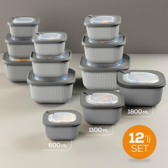 Vienev 12'li 4x(600-1100-1800 Ml) Mikrodalga Ve Difrize Uygun Vip Kapaklı Özel Saklama Kabı Seti Antrasit