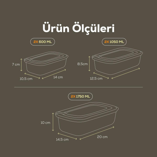 Vienev 6'lı Vip Dikdörtgen Mikrodalga Ve Difrize Uygun Saklama Kabı Seti Gri 2x(1750,1050,600 Ml)