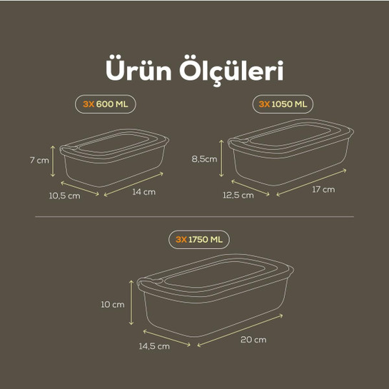 Vienev 9'lu Vip Dikdörtgen Mikrodalga Ve Difrize Uygun Saklama Kabı Seti Gri 3x(1750,1050,600 Ml)
