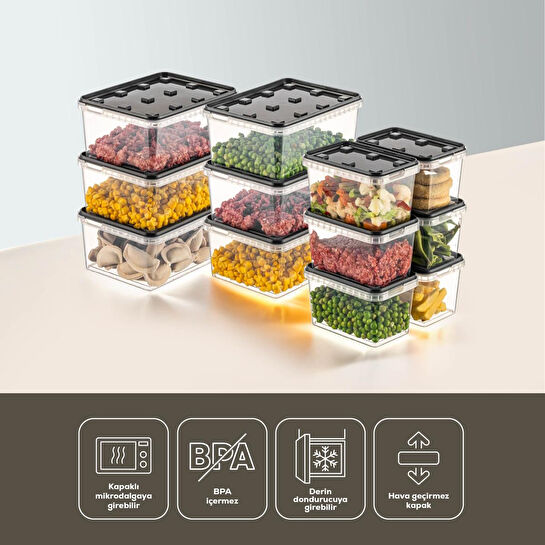 Vienev 12'li Block Buzdolabı Ve Derin Dondurucu Sızdırmaz Saklama Kabı Şeffaf Antrasit 6x(1,5-0,7 Lt)