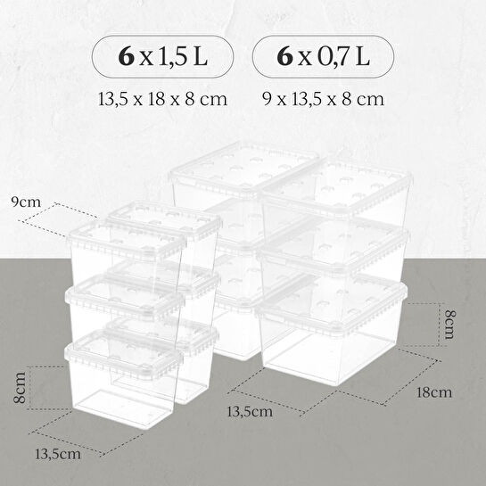 Vienev 12'li Block Buzdolabı Ve Derin Dondurucu Sızdırmaz Saklama Kabı Şeffaf 6x(1,5-0,7 Lt)