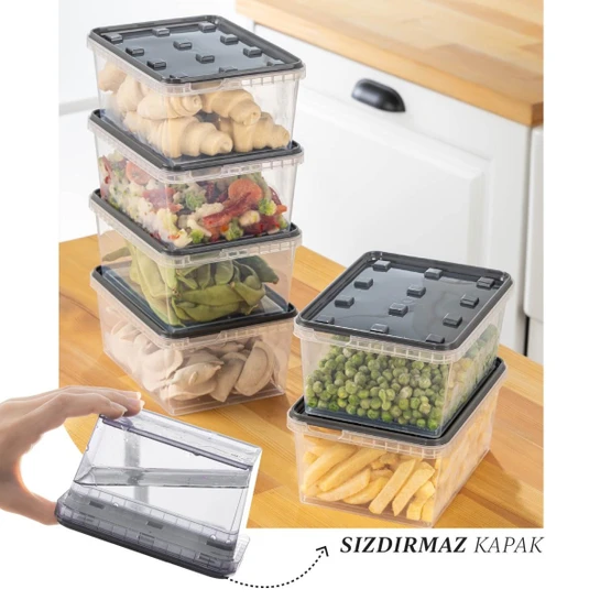 Vienev 6'lı 1,5 Litre Block Buzdolabı Ve Derin Dondurucu Sızdırmaz Saklama Kabı Şeffaf Antrasit