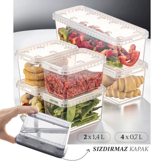 Vienev 6'lı Block Buzdolabı Ve Derin Dondurucu Sızdırmaz Saklama Kabı Şeffaf 2x(1,4 Lt)-4x(0,7 Lt)