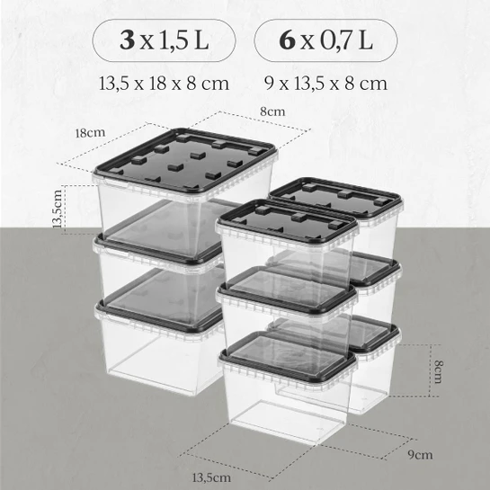 Vienev 9'lu Block Sızdırmaz Saklama Kabı Seti 6x(0,7 Li̇tre) 3x(1,5 Li̇tre) Antrasit