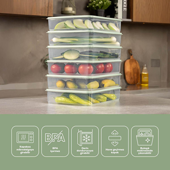 Vienev 6lı 3,5 Litre Buzdolabı Dondurucu Organizer Mikrodalga Ve Difrize Uygun Saklama Kabı Mint