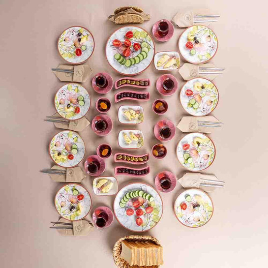 Vienev 38 Parça 8 Kişilik Handmade Nazra Desen Kahvaltı Takımı - Stoneware Kahvaltı Sunum Seti