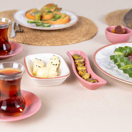 Vienev 38 Parça 8 Kişilik Handmade Nazra Desen Kahvaltı Takımı - Stoneware Kahvaltı Sunum Seti