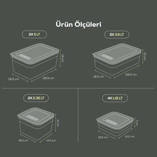 Vienev 10'lu Hava Kanallı Ayarlanabilir Sebze Ve Meyve Saklama Kabı 4x(1,15 Lt) 2x(2,35-3,8-5 lt) yeşil