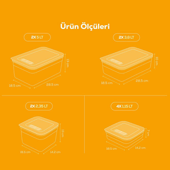 Vienev 10'lu Hava Kanallı Ayarlanabilir Sebze Ve Meyve Saklama Kabı 4x(1,15 Lt) 2x(2,35-3,8-5 lt) turuncu