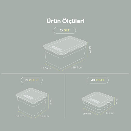 Vienev 7'li Hava Kanallı Ayarlanabilir Sebze Ve Meyve Saklama Kabı 4x(1,15 Lt) 2x(2,35 Lt) 1x(5 lt) mint